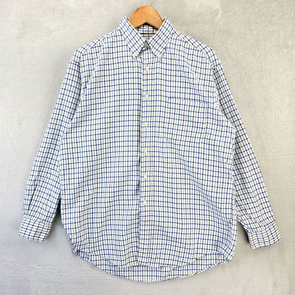 Brooks Brothers Sport Shirt Mens Medium White Blue Grid Plaid Cotton Made in USA